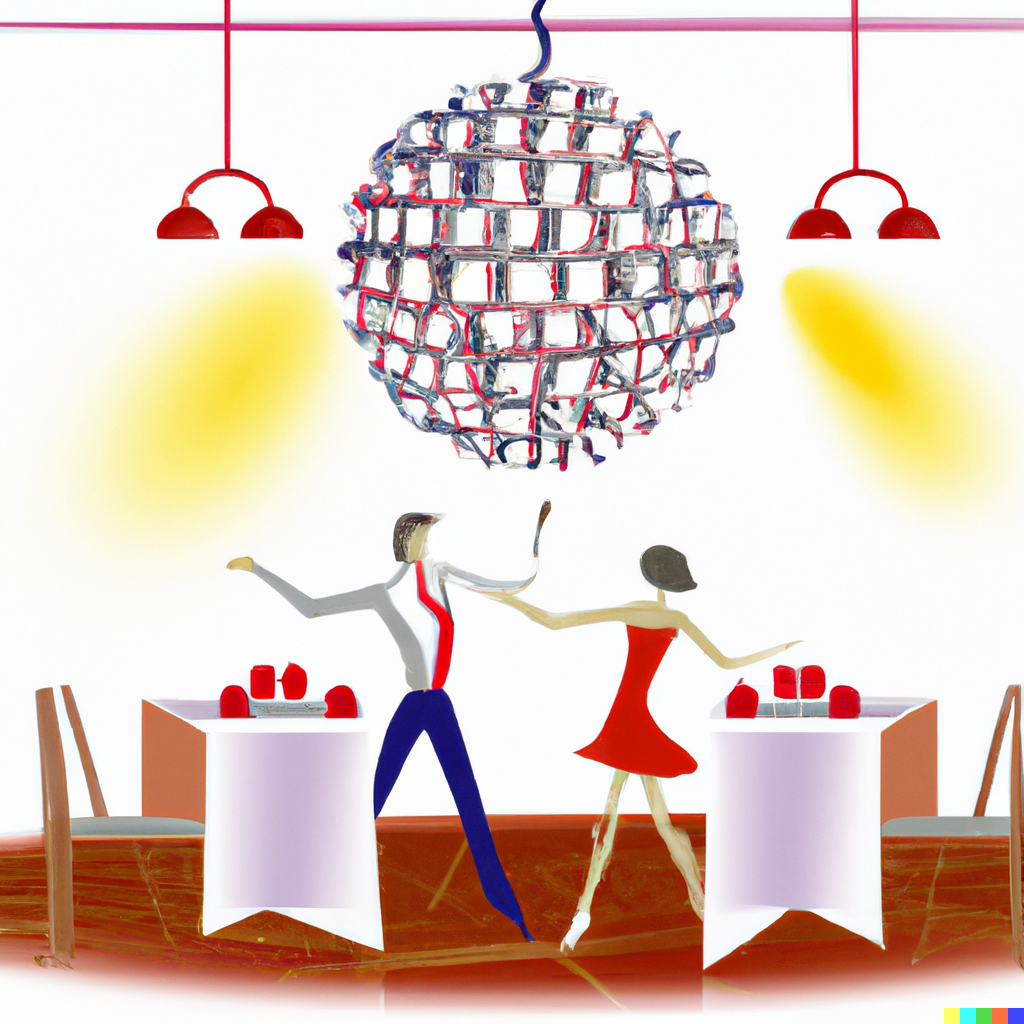 DALL·E 2023-11-24 15.11.15 - restaurant, avec table personnes qui danse coin cheminée, couleur, vin, champagne, cotillon, boule à facette, art numérique